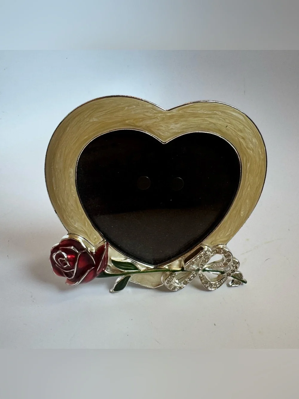 VTG Y2K Gorham Picture Frame Heart Butter Ylw Rose Enamel Rhinestone Sweetheart